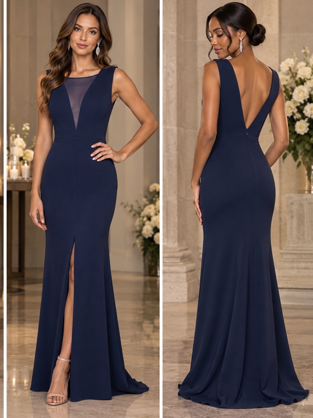 NWT DB Studio Navy Illusion Deep V Slit Formal Dress 12